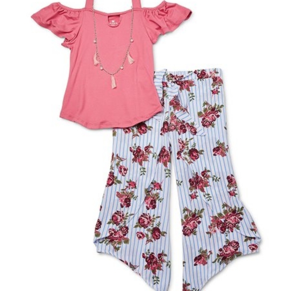 Other - PinkTop & Blue Stripe Dolphin-Hem Pants - Girls